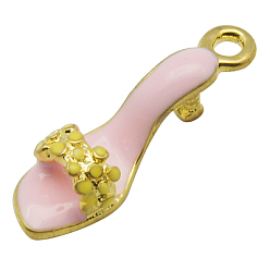 Pink Brass Enamel Pendants, High-Heeled Shoes, Golden Metal Color, Pink, 7x23x6mm, Hole: 2mm
