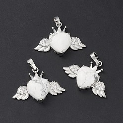 Howlite Natural Howlite Pendants, Heart Charms with Wings & Crown, with Platinum Tone Brass Crystal Rhinestone Findings, 26x35.5x8mm, Hole: 8x5mm