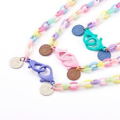 Mixed Color Personalized Acrylic Cable Chain Necklaces, Handbag Chains, with Plastic Lobster Claw Clasps and Alloy Pendants, Flat Round with Bear, Mixed Color, 31.69 inch(80.5cm), 3pcs/set