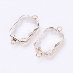 Clear Glass Links connectors, with Brass Findings, Faceted, Octagon, Light Gold, Clear, 25.5x13.8x6.7mm, Hole: 2.4mm