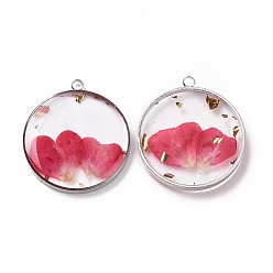 Deep Pink Transparent Clear Epoxy Resin Pendants, with Edge Platinum Plated Brass Loops and Gold Foil, Flat Round Charms with Inner Flower, Deep Pink, 34x30x4mm, Hole: 2.6mm