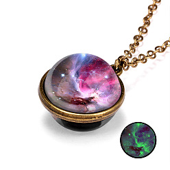 Hot Pink Luminous Glass Planet Pendant Necklace with Antique Golden Alloy Chains, Hot Pink, 19.69 inch(50cm)