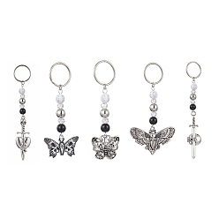 Mixed Shapes Alloy Enamel Pendant Keychain, with Iron Split Key Rings and Acrylic Beads, Butterfly/Moth/Sword/Heart with Skull, Mixed Shapes, 7.8~11.4cm
