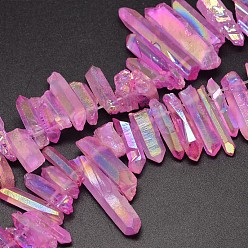 Hot Pink Electroplated Natural Quartz Crystal Beads Strands, Nuggets, Tusk Shape, AB Color, Dyed, Hot Pink, 7~15x18~60mm, Hole: 1mm, about 46pcs/strand, 16 inch