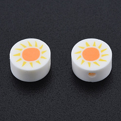 Soleil Perles en fimo faits à la main, plat rond, motif de soleil, 9~9.5x4.5~5mm, Trou: 1.6mm