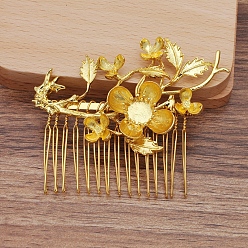 Oro Ajustes de cabujón de peine de pelo de hierro, con la flor de la aleación, dorado, 62x77x10 mm