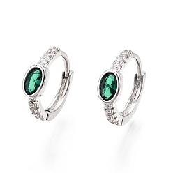 Green Glass Oval Hoop Earrings with Cubic Zirconia, Real Platinum Plated Brass Jewelry for Women, Nickel Free, Green, 14.5x13x2mm, Pin: 1mm