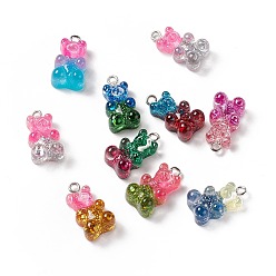 Mixed Color Two Tone Transparent Resin Glitter Pendants, with Platinum Tone Alloy Loops, Bear, Mixed Color, 20x11x8mm, Hole: 2mm