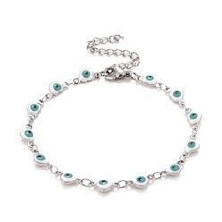 Blanc Coeur en émail avec bracelet chaînes à maillons mauvais œil, 304 bijoux en acier inoxydable pour femmes, couleur inox, blanc, 6-7/8 pouce (17.5 cm)