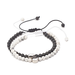 Couleur Mélangete 2 pcs 2 bracelets de perles tressées de style roche de lave naturelle et howlite sertis de yin yang, bijoux porte-bonheur feng shui chinois pour femme, couleur mixte, diamètre intérieur: 1-7/8~3-3/8 pouce (4.7~8.6 cm)