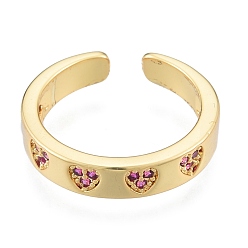 Real 18K Gold Plated Magenta Cubic Zirconia Heart Open Cuff Ring, Brass Jewelry for Women, Real 18K Gold Plated, US Size 6 1/4(16.7mm)