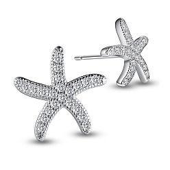 Clear SHEGRACE Delicate Rhodium Plated 925 Sterling Silver Ear Studs, Micro Pave AAA Cubic Zirconia Starfish/Sea Stars, Clear, 11mm, Pin: 0.7mm