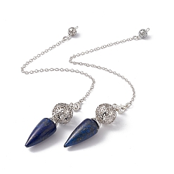 Lapis Lazuli Pendule de radiesthésie en lapis lazuli naturel teint gros pendentifs, avec les accessoires en laiton placage en rack de ton de platine, sans cadmium et sans plomb, cône, 244x2.5mm, Trou: 1.6mm