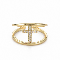Настоящее золото 16K Латунные кольца из манжеты с прозрачным цирконием, открытые кольца, без никеля , крестик, реальный 16 k позолоченный, размер США 6 1/2 (16.9 мм)