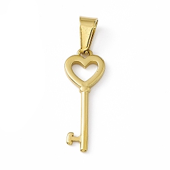 Golden Vacuum Plating 304 Stainless Steel Pendants, Heart Shaped Key Charms, Golden, 24x9x2mm, Hole: 7.5x3.5mm