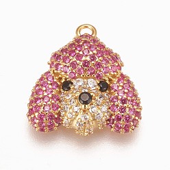 Golden Brass Micro Pave Cubic Zirconia Puppy Pendants, Poodle Dog Charm, Hot Pink, Golden, 15x14.5x5mm, Hole: 1.2mm