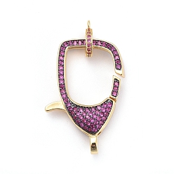 Golden Brass Micro Pave Cubic Zirconia Lobster Claw Clasps, with Bail Beads/Tube Bails, Magenta, Golden, Clasp: 31x21x7mm, Hole: 3mm, Tube Bails: 10x8x2mm, Hole: 1mm