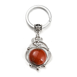 Jaspe Rouge Porte-clés pendentif en jaspe rouge naturel, plat rond, avec les accessoires en laiton, argent antique et platine, 65~66mm
