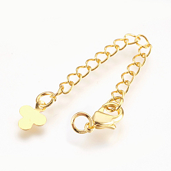 Real 18K Gold Plated Brass Chain Extender, with Lobster Claw Clasps, Cadmium Free & Nickel Free & Lead Free, Long-Lasting Plated, Flower, Real 18K Gold Plated, 65x3mm, Hole: 2.5mm, Clasps: 10x6x3mm