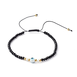 Blanc Bracelet de perles tressées en fil de nylon réglable, avec des perles à facettes en verre rondelle, perle ronde au chalumeau fait à la main, blanc, diamètre intérieur: 2-1/2 pouce (6.4~11.7 cm)