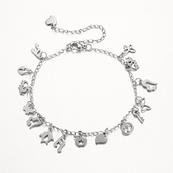 Stainless Steel Color 304 Stainless Steel Charms Anklets, with Lobster Claw Clasps, Stainless Steel Color, 225mm