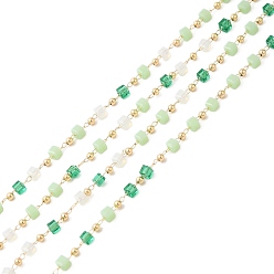 Pale Green Faceted Cube Glass & Round Beaded Chains, with Light Gold Brass Findings, Soldered, Pale Green, 3.5x3.5x3.5mm, 2x2mm