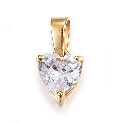 Golden Cubic Zirconia Charms, with 304 Stainless Steel Findings, Heart, Clear, Golden, 10x7.5x6mm, Hole: 5x3mm