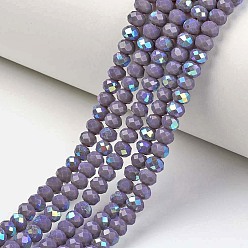 Medium Purple Electroplate Opaque Solid Color Glass Beads Strands, Half Rainbow Plated, Faceted, Rondelle, Medium Purple, 6x5mm, Hole: 1mm, about 85~88pcs/strand, 16.1~16.5 inch(41~42cm)