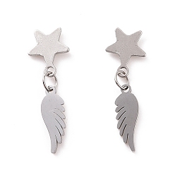 Stainless Steel Color 304 Stainless Steel Wing with Star Dangle Stud Earrings for Women, Stainless Steel Color, 25.5mm, Pin: 0.8mm