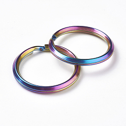 Rainbow Color Ion Plating(IP) 304 Stainless Steel Split Key Rings, Keychain Clasp Findings, Rainbow Color, 28x3.5mm