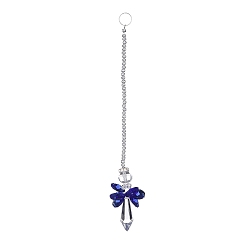 Medium Blue Crystal Fairy Beaded Wall Hanging Decoration Pendant Decoration, Hanging Suncatcher, with Iron Ring and Glass Beads, Bullet, Medium Blue, 208mm