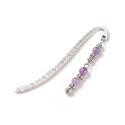 Amethyst Tibetan Style Alloy Bookmarks/Hairpins, Pendant Book Markers, with Natural Amethyst Round Beads, 83x14x1.5mm