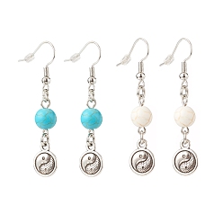 Synthetic Turquoise 2Pair 2 Style Synthetic Turquoise & Howlite with Yin Yang Long Dangle Earrings, Brass Jewelry for Women, 49~50mm, Pin: 0.7mm, 1 Pair/style