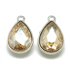 Pale Goldenrod Alloy Glass Charms, Faceted, teardrop, Platinum, Pale Goldenrod, 14.5x9x5mm, Hole: 1.5mm