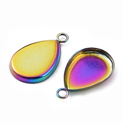 Rainbow Color Ion Plating(IP) 304 Stainless Steel Pendant Cabochon Settings, Plain Edge Bezel Cups, Drop, Rainbow Color, Tray: 14x10mm, 17.5x10.5x1.5mm, Hole: 1.6mm