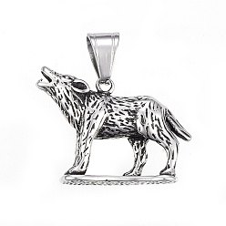 Antique Silver 304 Stainless Steel Pendants, Howling Wolf Pendants, Antique Silver, 25x34x9mm, Hole: 10x7mm
