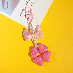 Rose Chaud Décorations de pendentif en acrylique trèfle à nœud papillon perlé, à trouver métal, pour sac à dos, décor porte-clés, rose chaud, 69x39mm