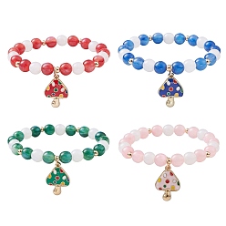 Mixed Color Resin Imiattion Cat Eye Beaded Stretch Bracelet with Mushroom Alloy Enamel Charms, Mixed Color, Inner Diameter: 2-1/8 inch(5.5cm)