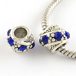Sapphire Barrel Antique Silver Plated Metal Alloy Rhinestone European Beads, Large Hole Beads, Sapphire, 10~11x9mm, Hole: 5mm