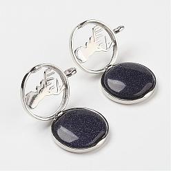 Blue Goldstone Synthetic Blue Goldstone Pendants, with Brass Diffuser Locket Finding, Flat Round with Christmas Reindeer/Stag, 31x26x8mm, Hole: 4mm