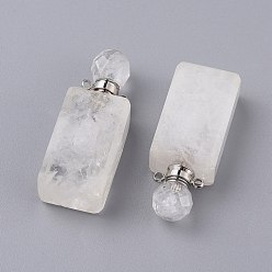 Quartz Crystal Faceted Natural Quartz Crystal Openable Perfume Bottle Pendants, Rock Crystal, with 304 Stainless Steel Findings, Cuboid, Stainless Steel Color, 42~45x16.5~17x11mm, Hole: 1.8mm, Bottle Capacity: 1ml(0.034 fl. oz)