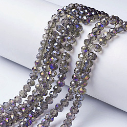 Dark Gray Electroplate Transparent Glass Beads Strands, Half Rainbow Plated, Faceted, Rondelle, Dark Gray, 6x5mm, Hole: 1mm, about 92~94pcs/strand, 17~17.5 inch(42.5~43.75cm)