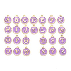 Средний Фиолетовый Буквица a ~ z алфавит эмалевые брелоки, плоские круглые диски двусторонние брелоки, позолоченные эмалированные подвески из сплава с пайетками, средне фиолетовый, 14x12x2 мм, отверстие : 1.5 мм, 26 шт / комплект