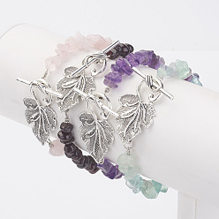 Mixed Stone Natural Mixed Stone Chip Bracelets, with Tibetan Style Alloy Leaf Toggle Clasps, 7-5/8 inch(195mm)