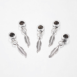 Antique Silver Alloy European Dangle Charms, Feather, Antique Silver, 31mm, Hole: 5mm
