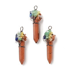 Red Jasper 7 Chakra Pointed Natural Red Jasper Big Pendants, Chip Gems Tree Faceted Bullet Charms with Red Copper Plated Rack Plating Copper Wire Wrapped, Cadmium Free & Lead Free, 62~66.5x22~26x17.5~18mm, Hole: 4.2~6.5mm
