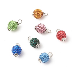 Mixed Color Polymer Clay Rhinestone Pendants, with 304 Stainless Steel Findings & Alloy Beads, Round, Mixed Color, 17x9.5mm, Hole: 3mm