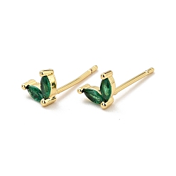 Green Cubic Zirconia Oval Stud Earrings, Real 18K Gold Plated Brass Jewelry for Women, Cadmium Free & Nickel Free & Lead Free, Green, 4.5x6.5mm, Pin: 0.7mm