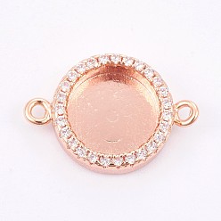 Rose Gold Brass Micro Pave Cubic Zirconia Cabochon Connector Settings, Long-Lasting Plated, Flat Round, Rose Gold, Tray: 10mm, 13.5x19x3mm, Hole: 1mm