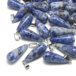 Punto Piedra Azul Colgantes de jaspe azul natural, con broches de presión de acero inoxidable, lágrima, 28~30x10~12 mm, agujero: 6x4 mm